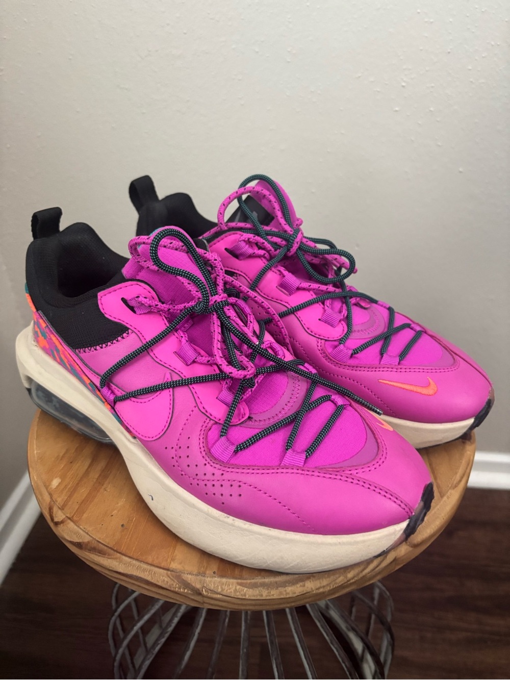 Nike Women's Bright Pink and Black Athletic Sneakers with Orange Swoosh